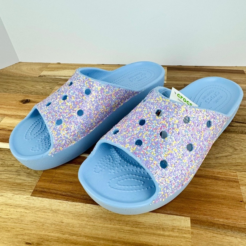 Crocs Classic Platform Glitter Slides Women's Size 9 Blue Sandals